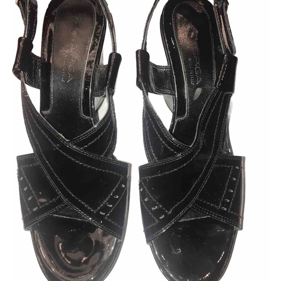 Via Spiga black shiny wedge sandals Strappy open toe ankle strap size 8.5M women - Picture 8 of 14